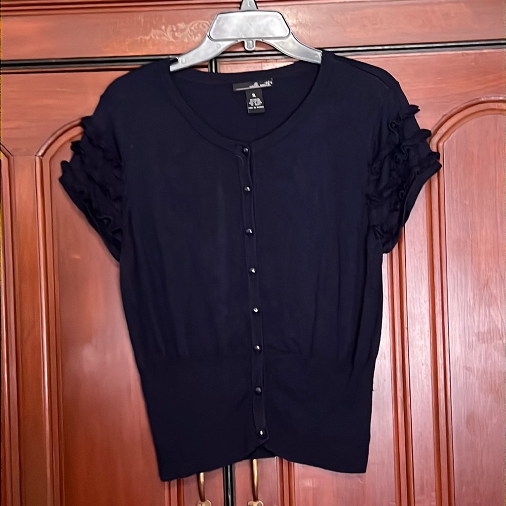 Willi Smith Blue Button Down Ruffled Short Sleeve… - image 1